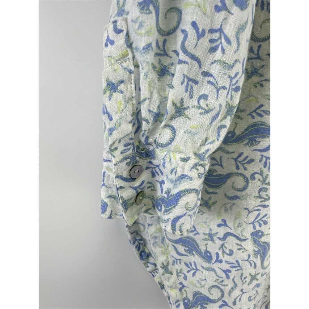 Sigrid Olsen Linen Tunic Shirt Button Down White Blue Seahorse Roll Tab Sleeves - Picture 2 of 11